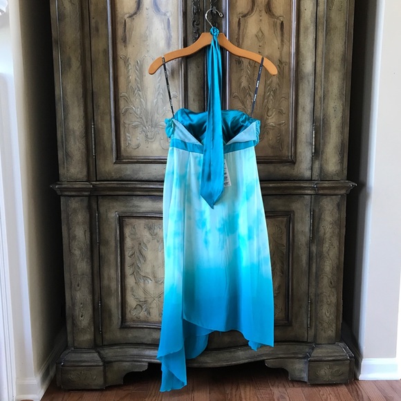 NWT Bebe 100% Silk women’s turquoise blue ombré Boho Asymmetric Midi Dress S - Picture 5 of 8